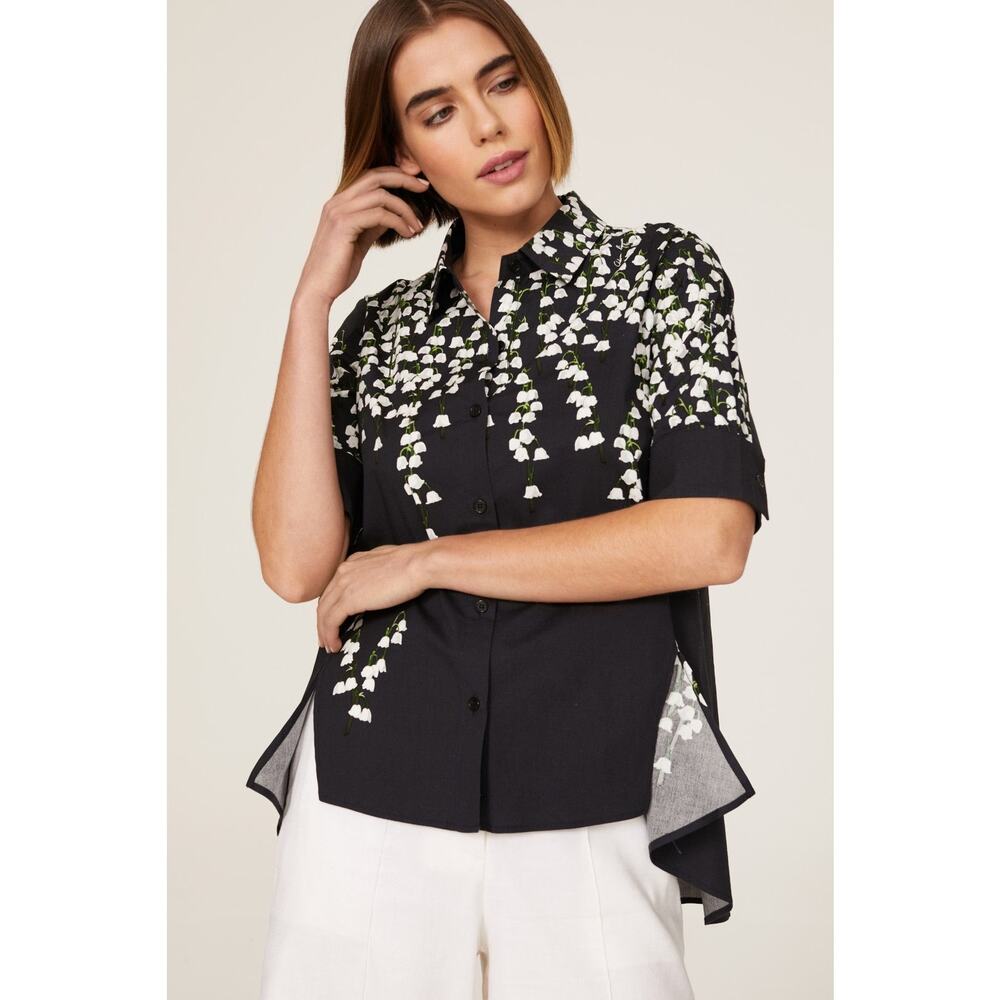 Adam Lippes Sz 6 Black Floral Print Trapeze Short Sleeve Button Up Top Deco Art